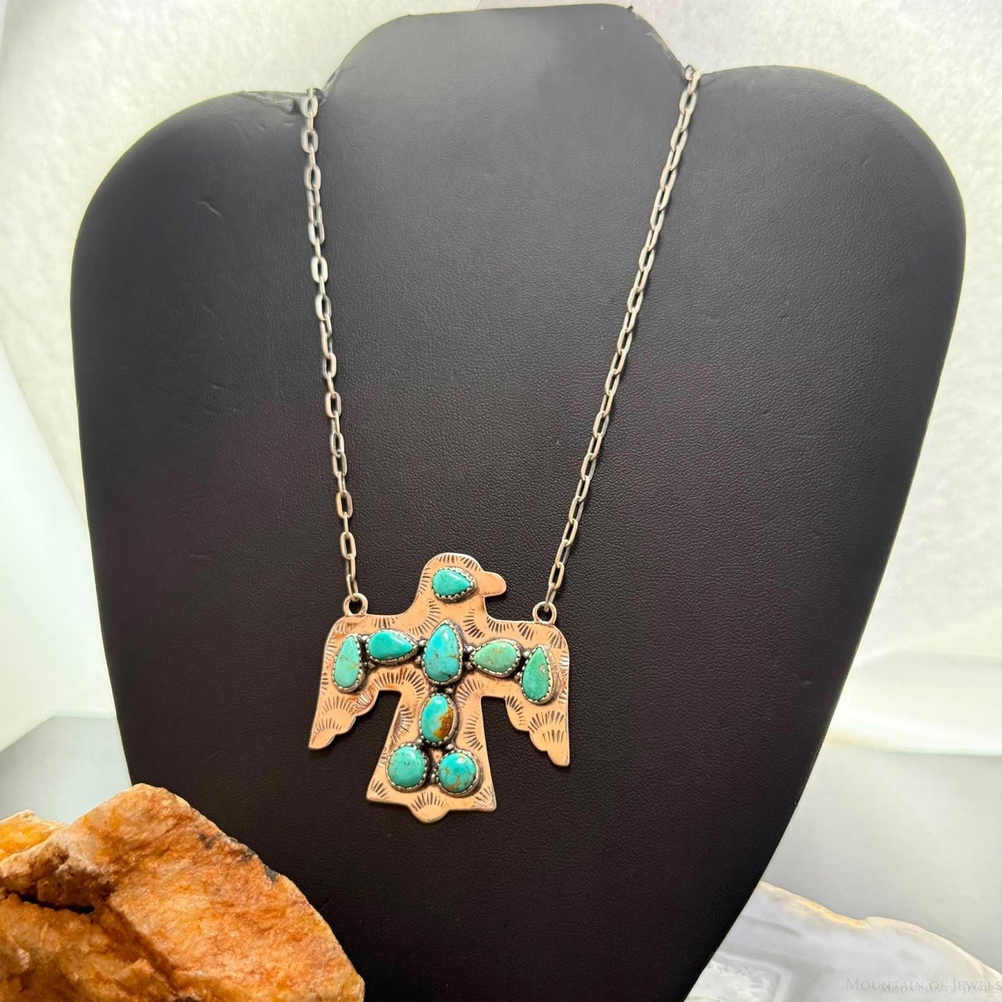 Sterling Silver Southwestern Style Kingman Turquoise Thunderbird Pendant Necklace For Women #1