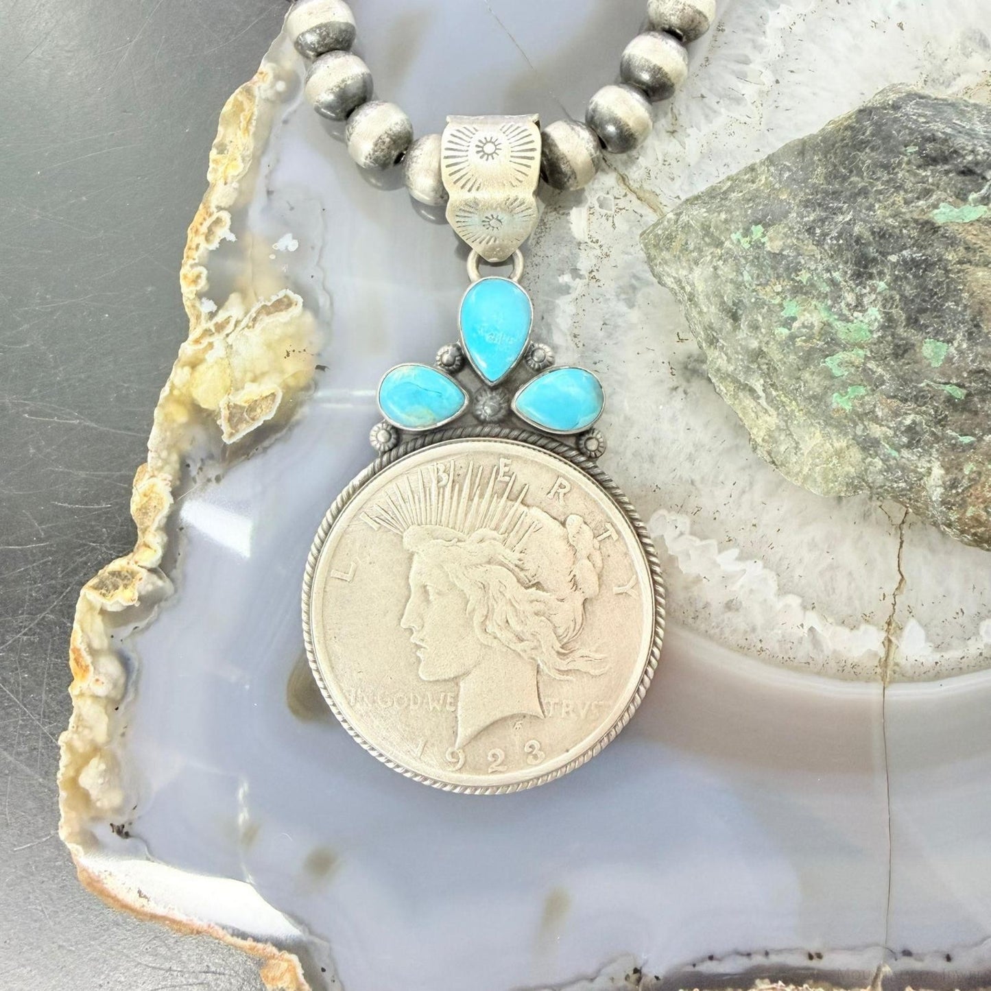 Genuine 1923 90% Peace Silver Dollar Coin Teardrop Turquoise Decorated Pendant