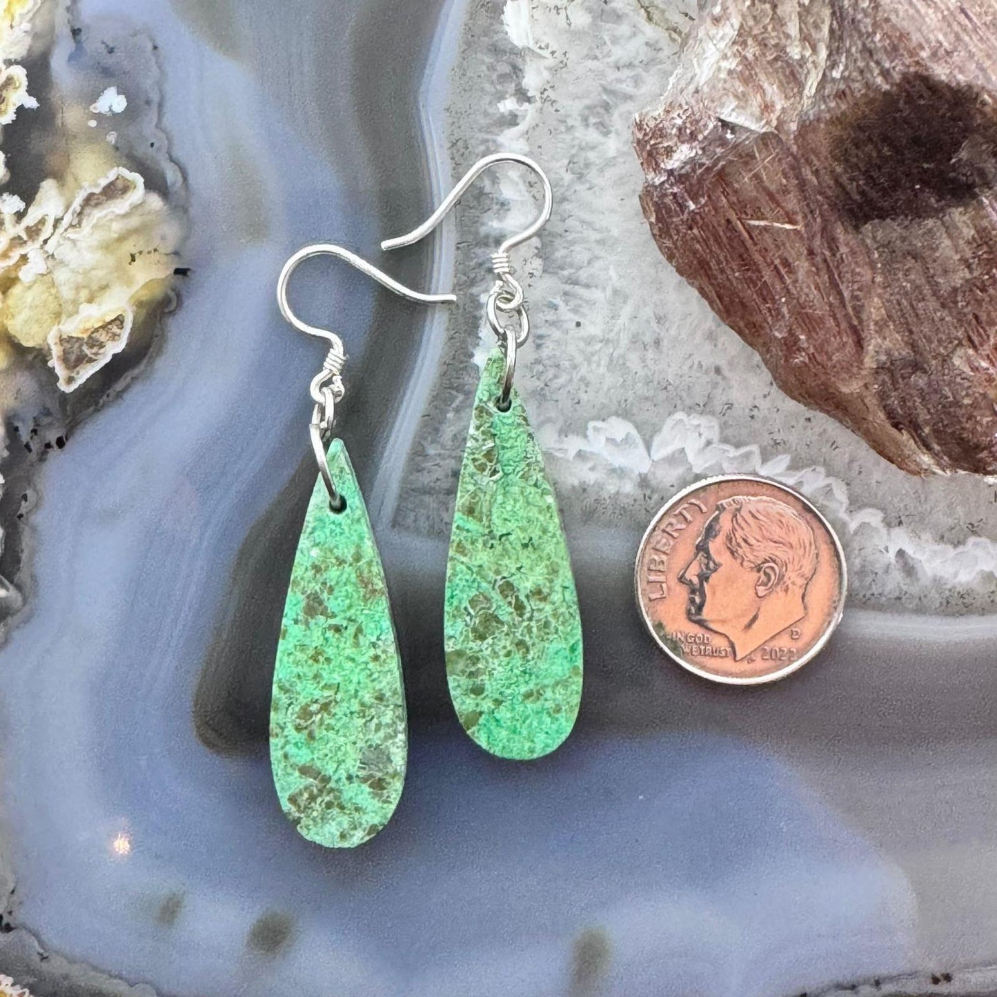 Sterling Silver Elongated Teardrop Green River Jasper Slab Dangle Earrings For Women #242