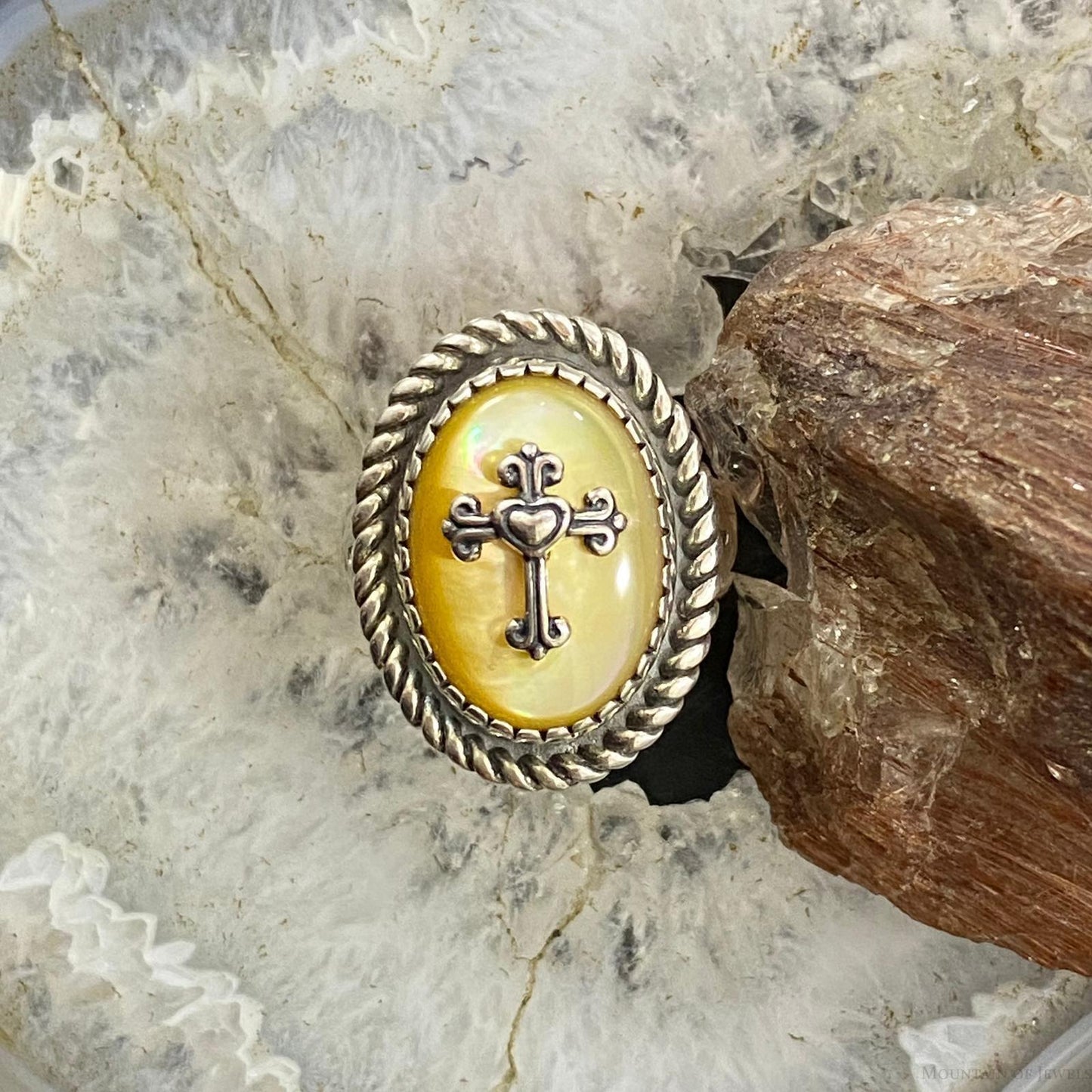 Carolyn Pollack Southwestern Style Sterling Silver Oval Gold Mother of Pearl Cross Ring Size 5 & 7.5 For Women
