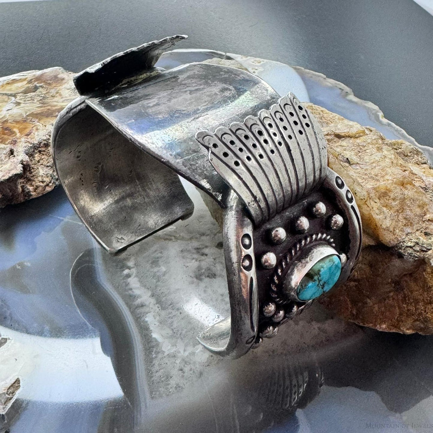 Vintage Native American Sterling Silver 2 Natural Turquoise Watch Cuff For Men