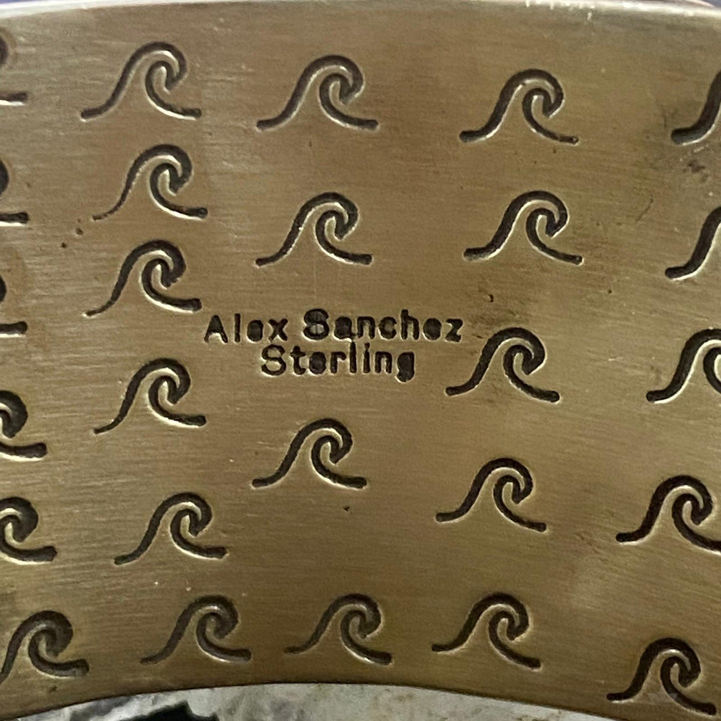 Alex Sanchez Native American Sterling Silver Petroglyph Turquoise Wide Bracelet