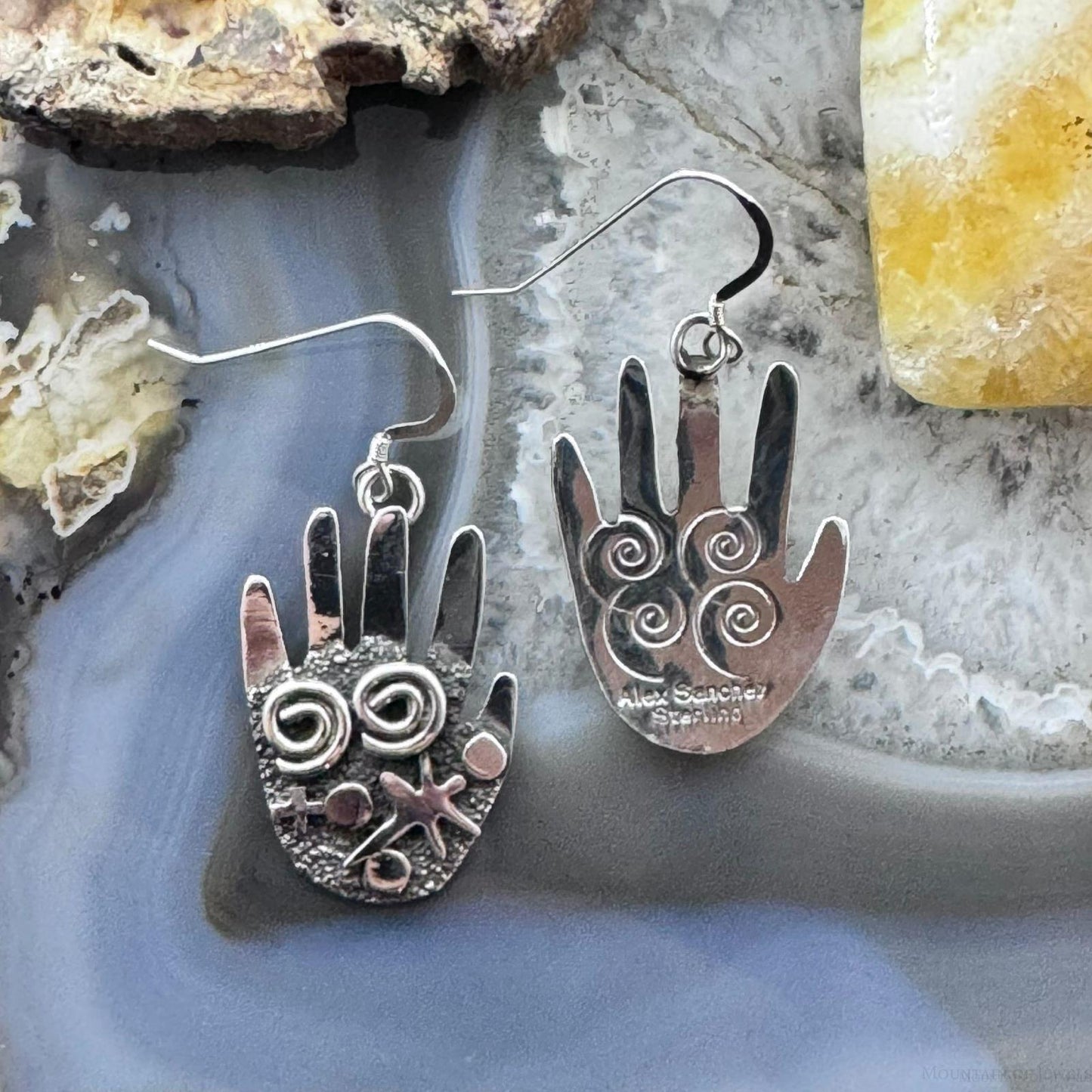 Alex Sanchez Native American Sterling Silver Ancestors Hand Petroglyph Dangle Earrings For Women #1