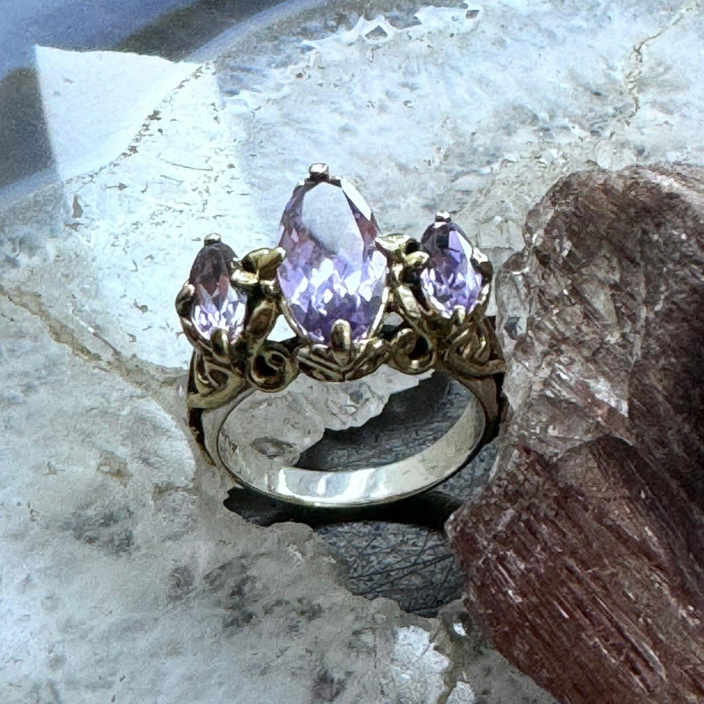 Carolyn Pollack Sterling Silver & Brass 3 Faceted Amethyst Decorated Ring For Women