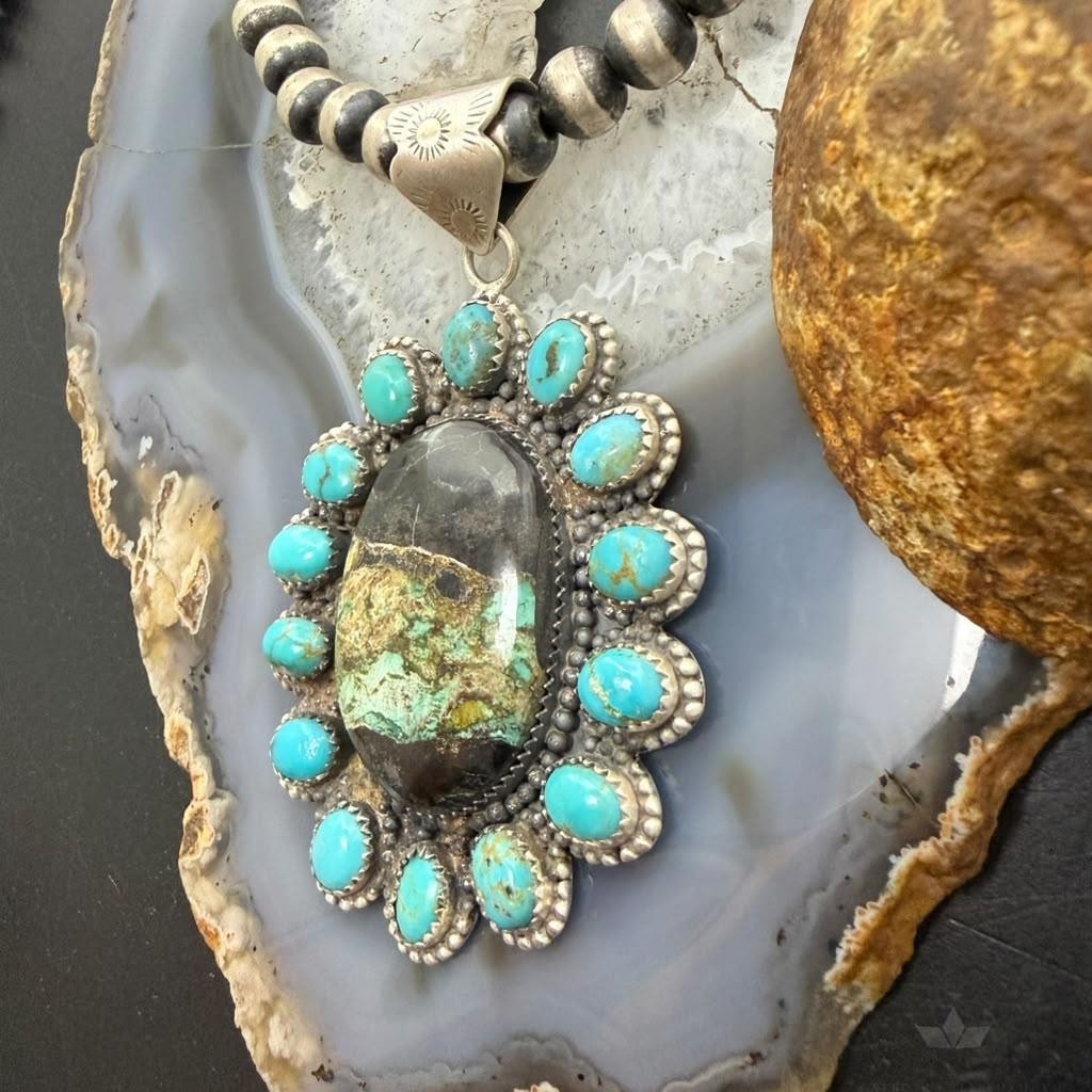 Sterling Silver Southwestern Style Blackjack & Kingman Turquoise Pendant For Women