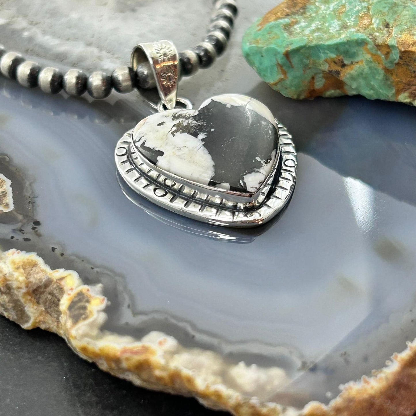Sterling Silver Southwestern Style White Buffalo Decorated Heart Pendant For Women #2