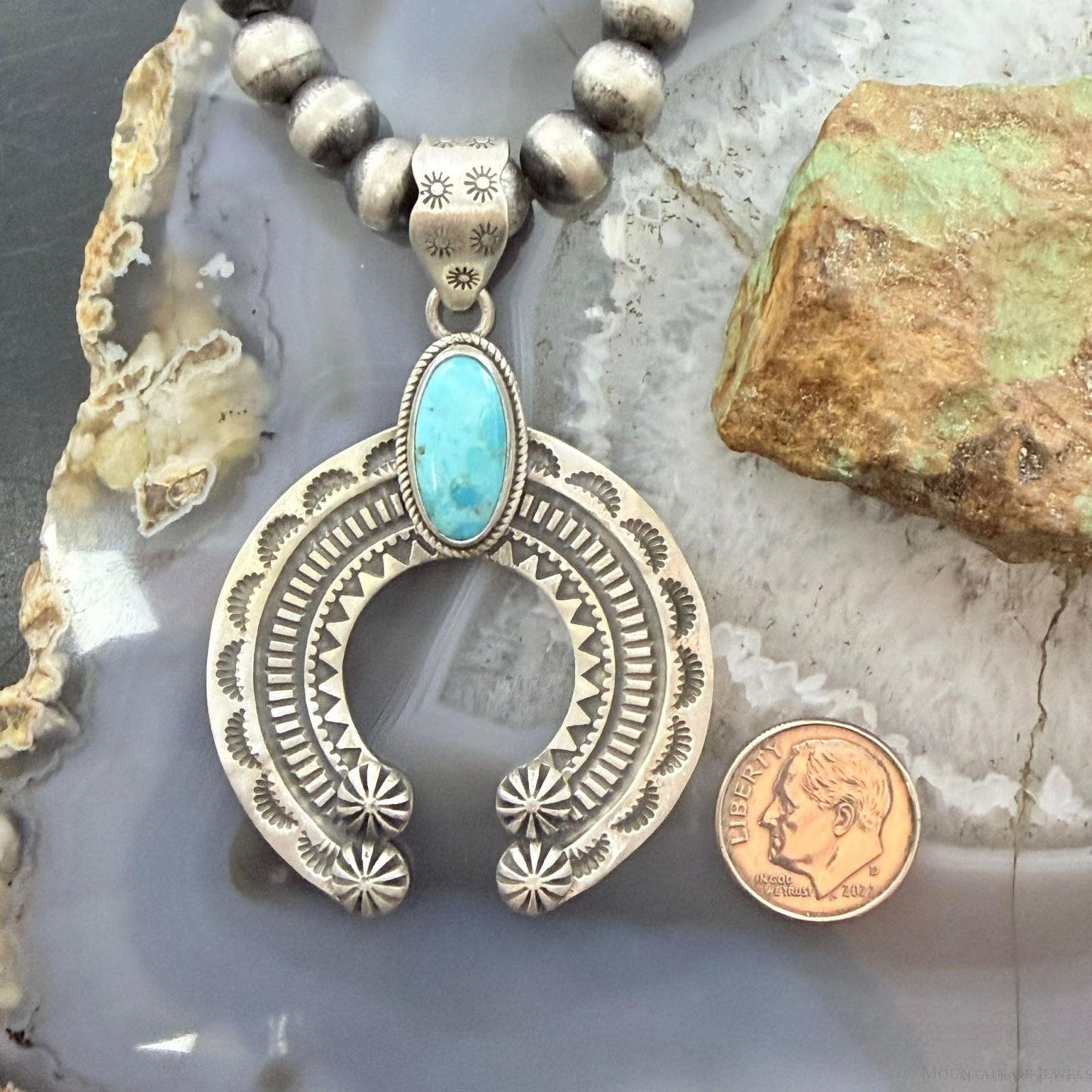 Sterling Silver Southwestern Style Oval Turquoise Decorated Unisex Naja Pendant
