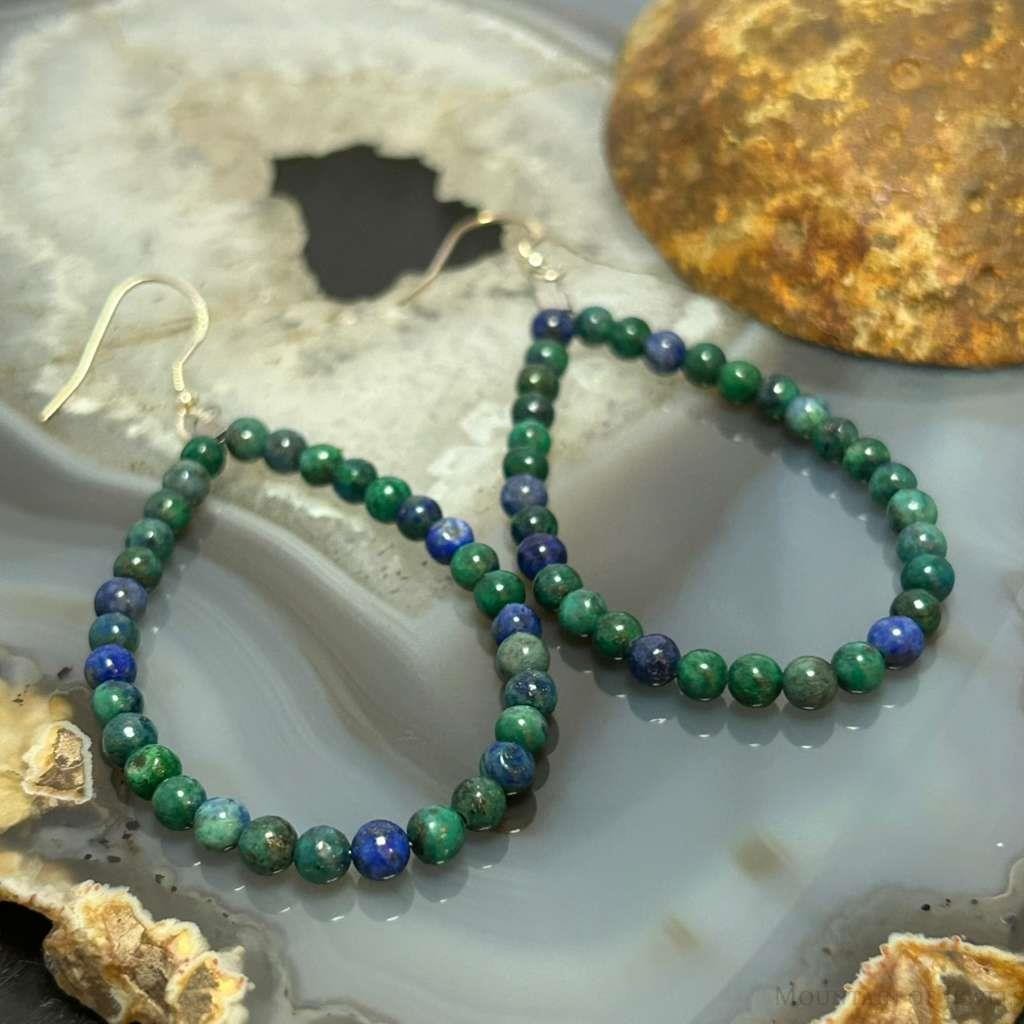 Sterling Silver 4mm Rounded Azurite Malachite Hoop Dangle Earrings For Women