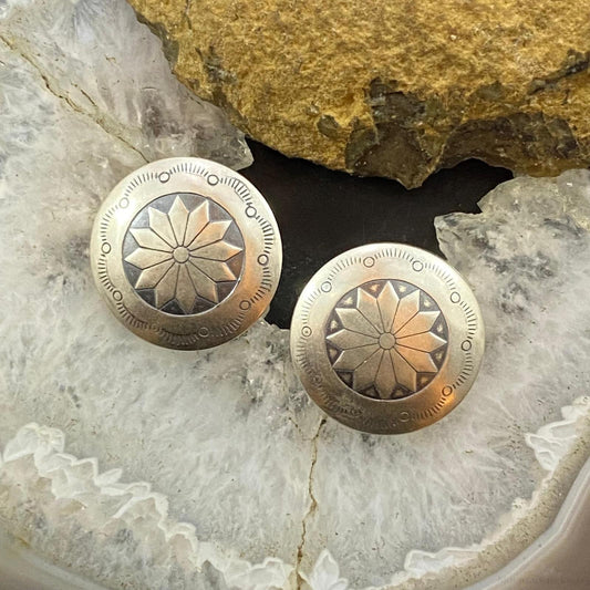 Native American Sterling Round Stamped Floral Concho Stud Earrings For Women