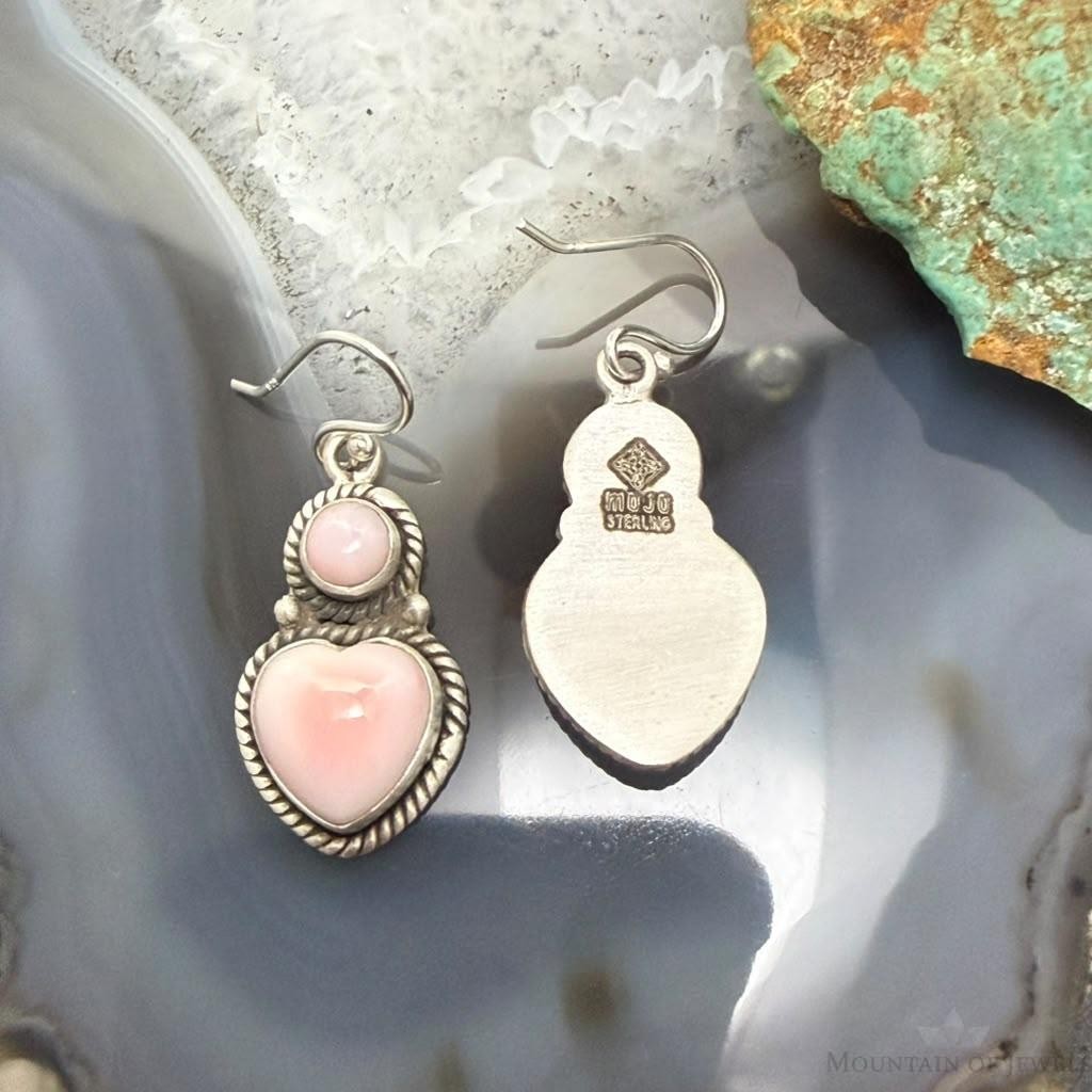 Sterling Silver Southwestern Style Heart Pink Conch Dangle Earrings For Women