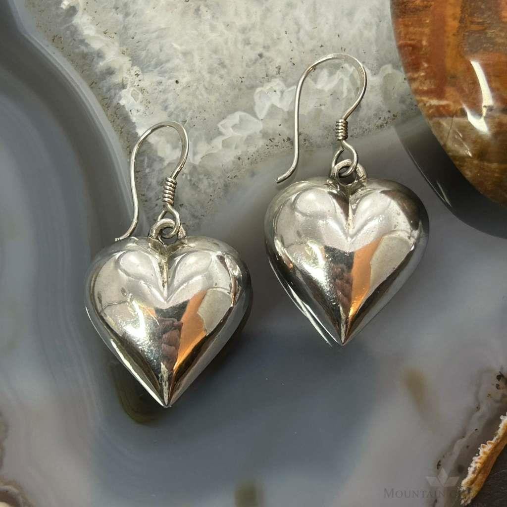 Silver Puff Heart Dangle Earrings For Women