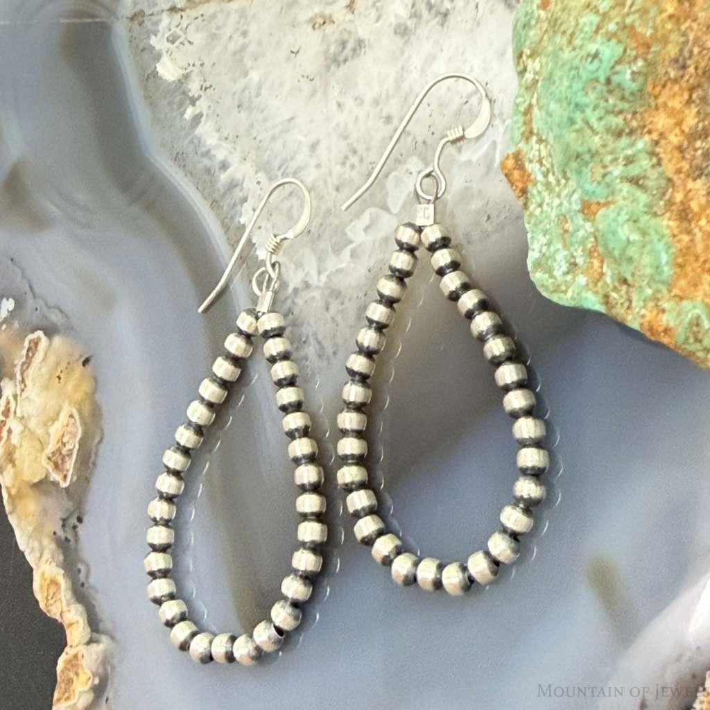 Sterling Silver Southwestern Style 3mm Navajo Pearl Bead Hoop Earrings For Women