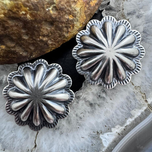 Native American Sterling Silver Repousse Large Concho Stud Earrings For Women