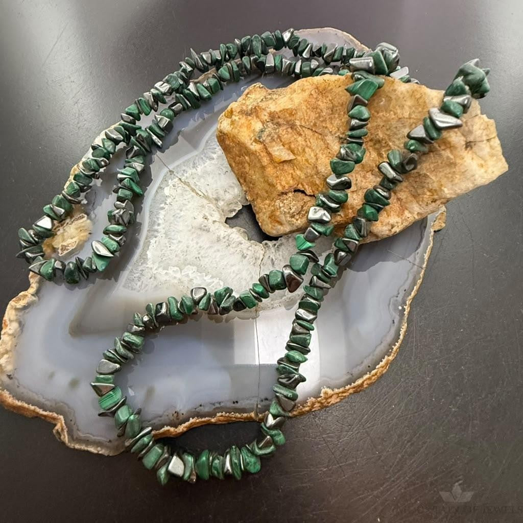 Vintage Natural Malachite & Hematite 34" Necklace For Women
