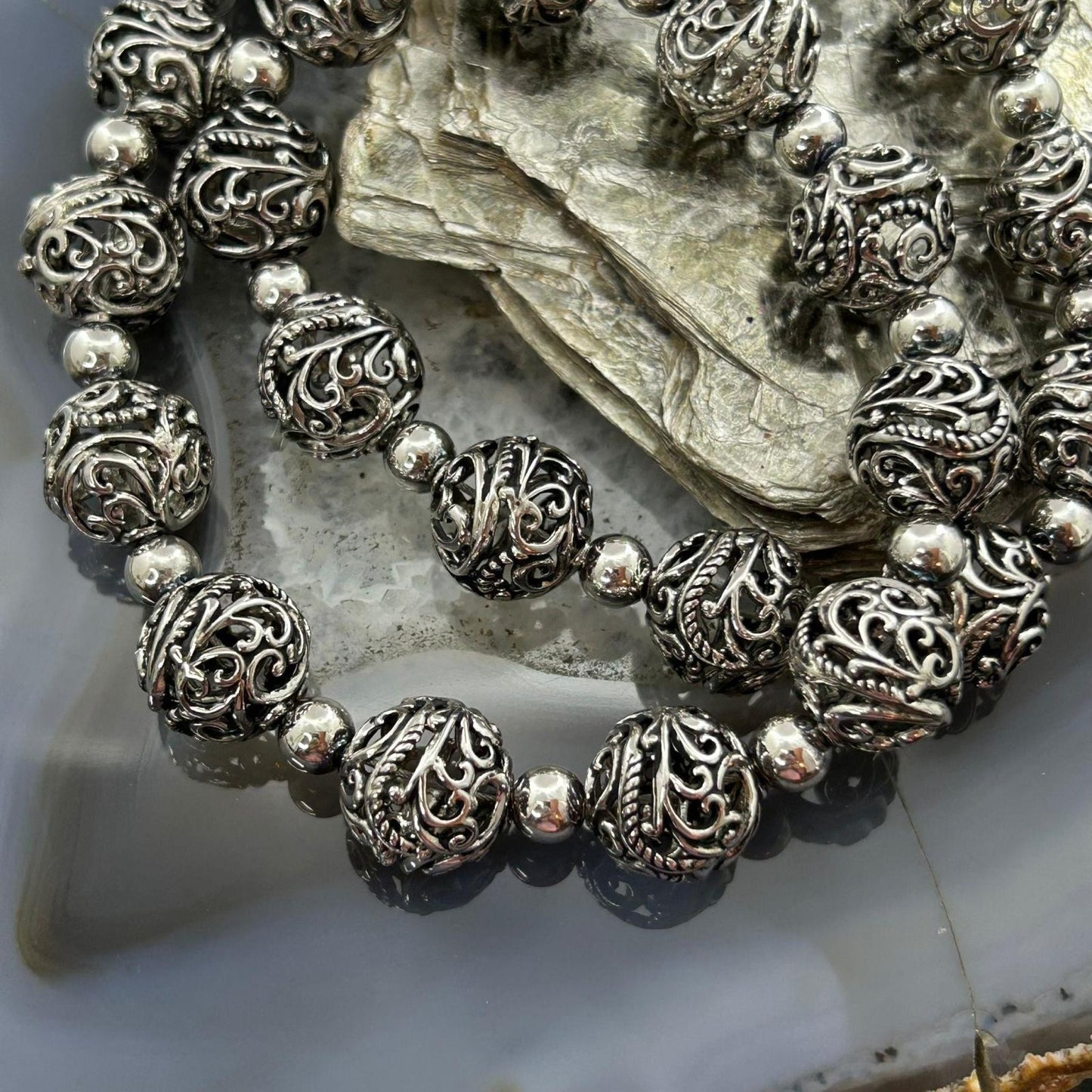 Carolyn Pollack Sterling Silver Decorated Swirl Hallow Beaded Necklace For Women