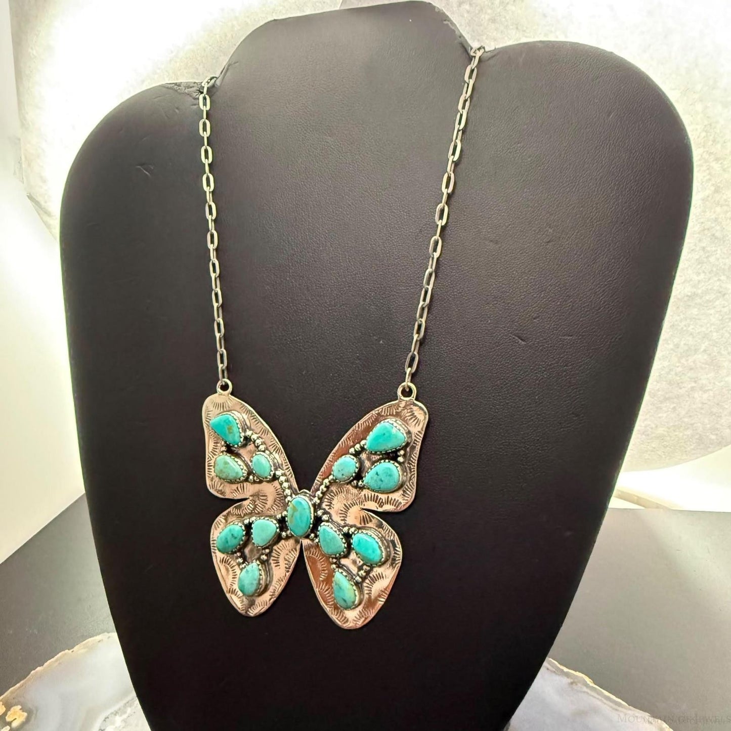 Sterling  Silver Southwestern Style Kingman Turquoise Butterfly Pendant 20.5" Necklace For Women
