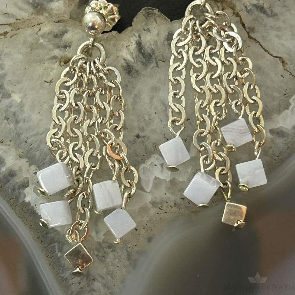 Carolyn Pollack Sterling Silver Tiny Blue Lace Agate Cube Bead Chandelier Earrings For Women
