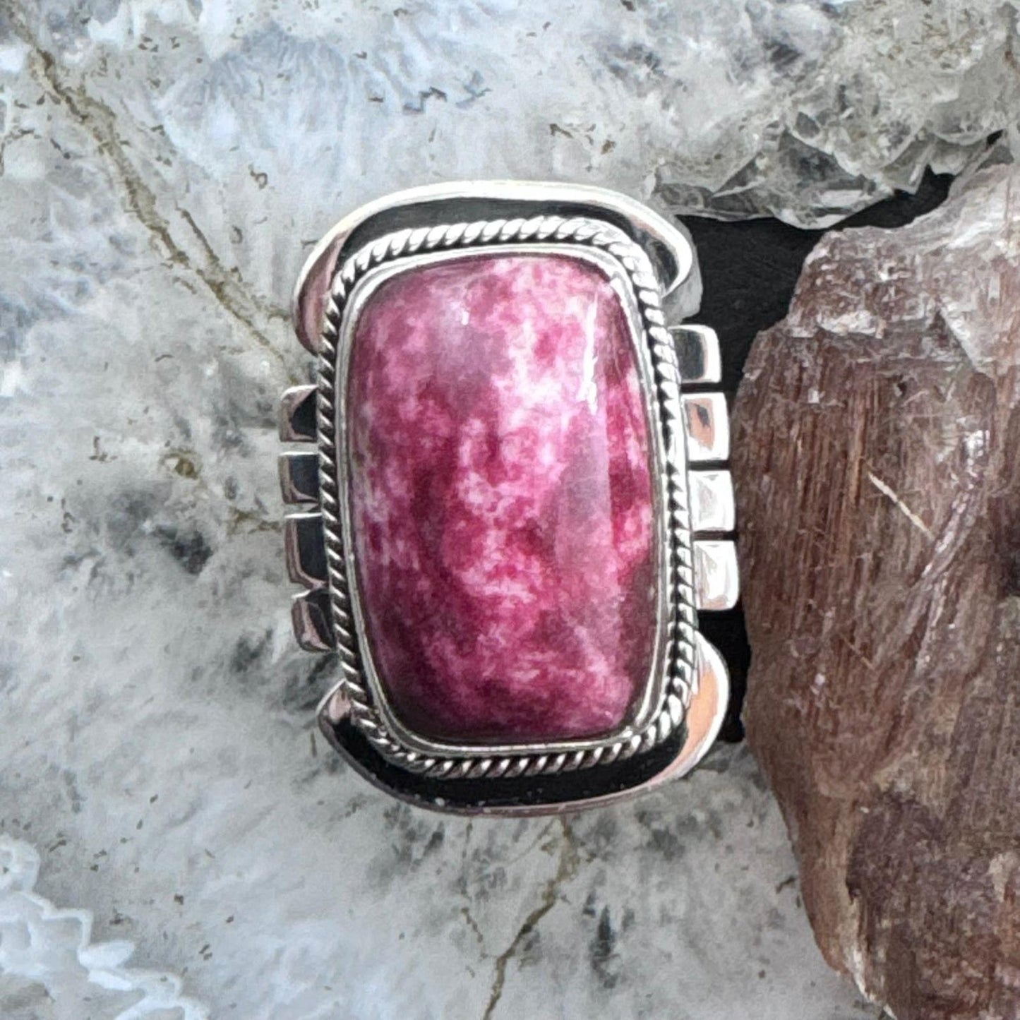 Sterling Silver Southwestern Style Rectangle Thulite Decorated Ring Size 9.5 For Women