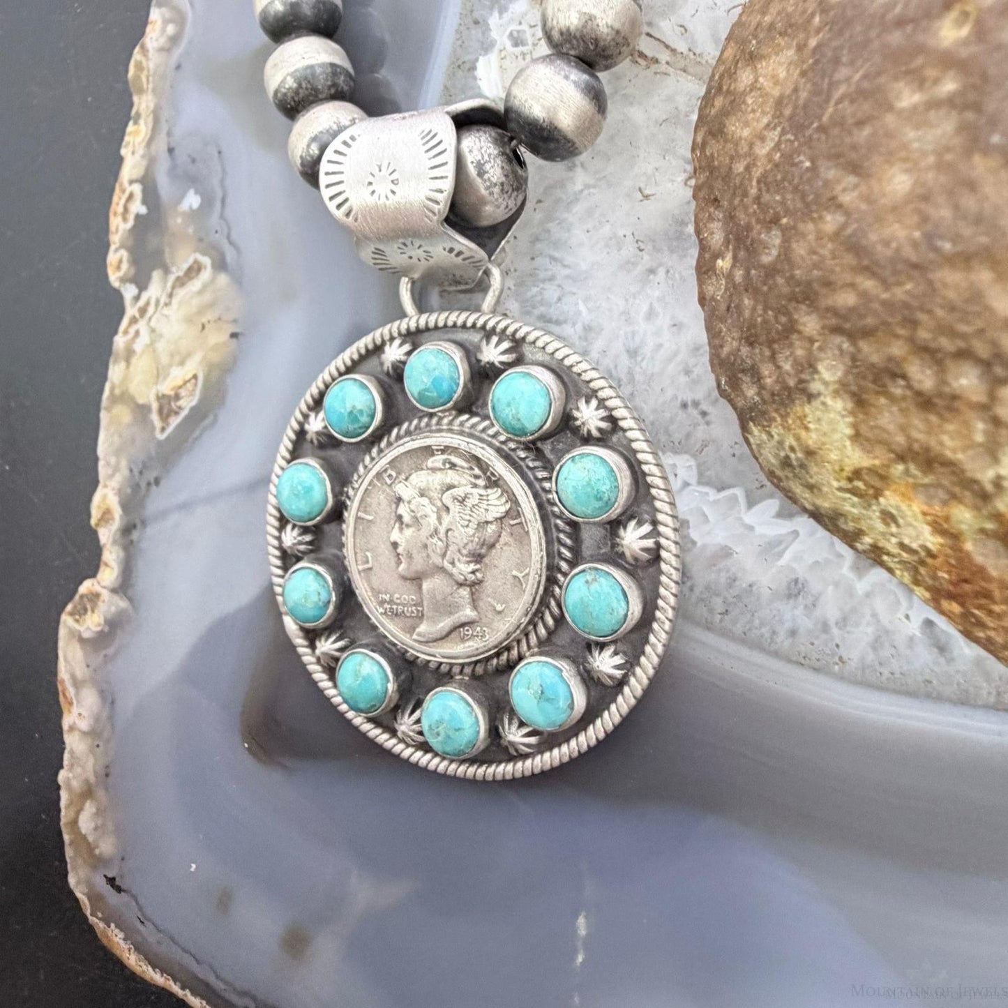 Genuine 1943 90% Silver Mercury Dime Coin w/Mohave Turquoise Unisex Pendant