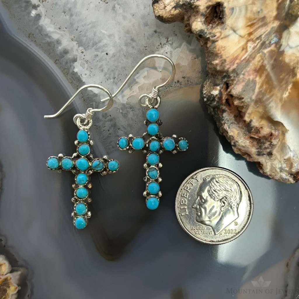 Sterling Silver Southwestern Style Turquoise Cross Dangle Earrings For Women