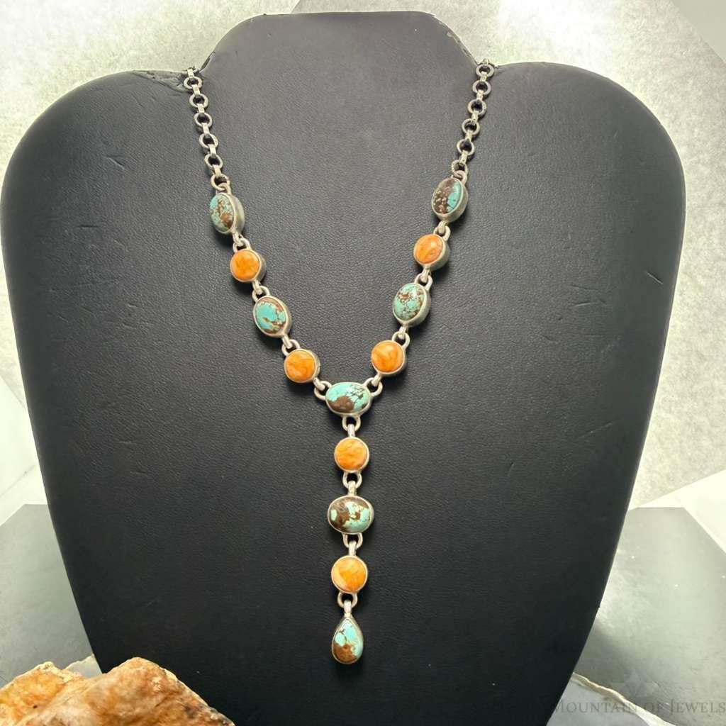 Sterling Silver Southwestern Style Turquoise & Spiny Oyster Lariat 24" Necklace For Women