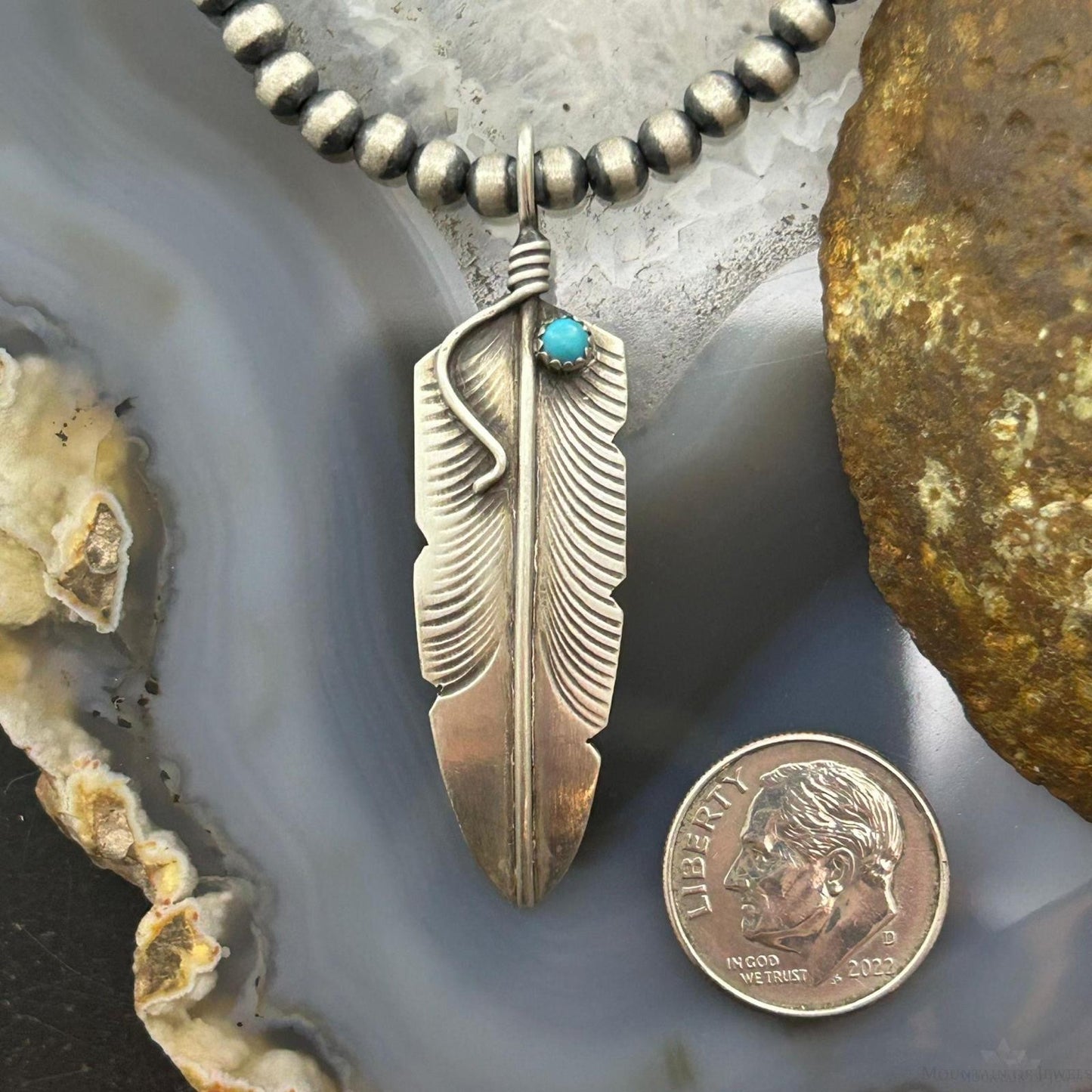 Chris Charley Native American Sterling Turquoise Dot Feather Unisex Pendant