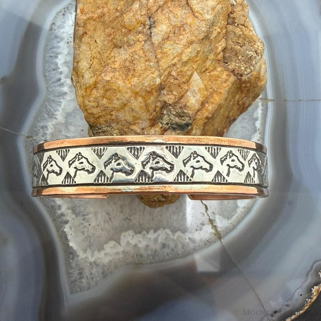Wylie Secatero Navajo Sterling Silver & Copper Stamped Horse Bracelet For Women