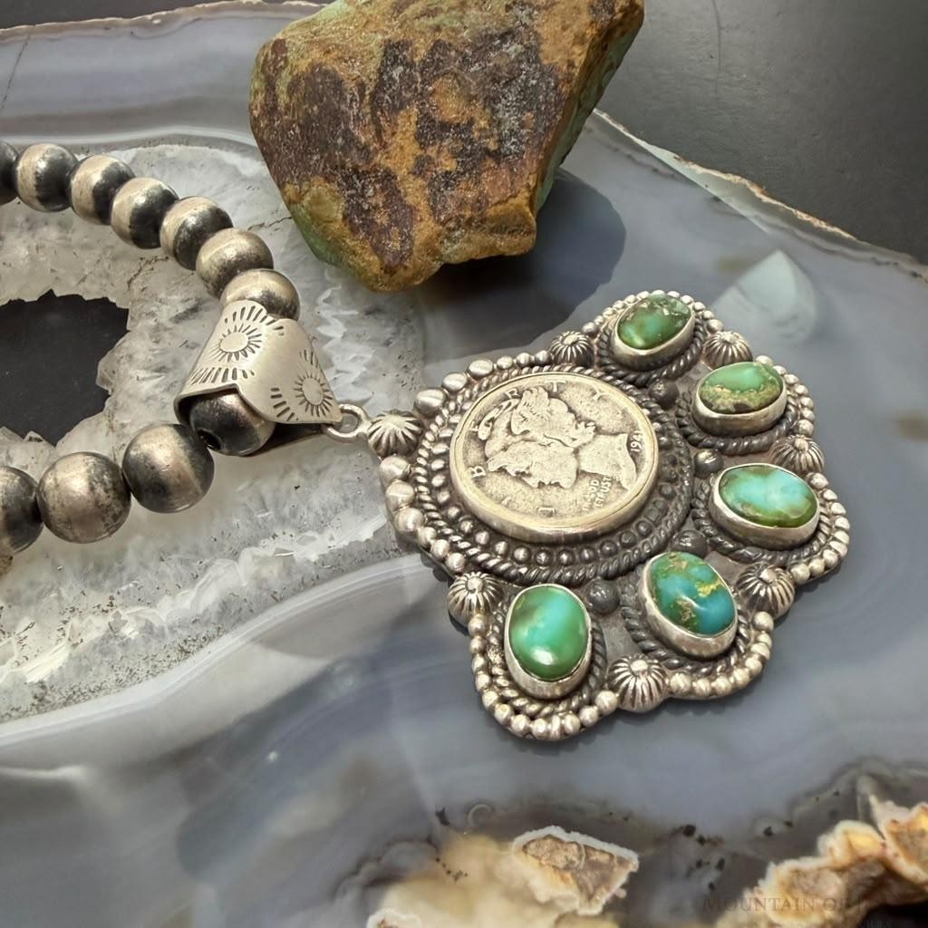 Sterling Silver Southwestern Style 1941 Mercury Dime & Sonora Gold Turquoise Pendant