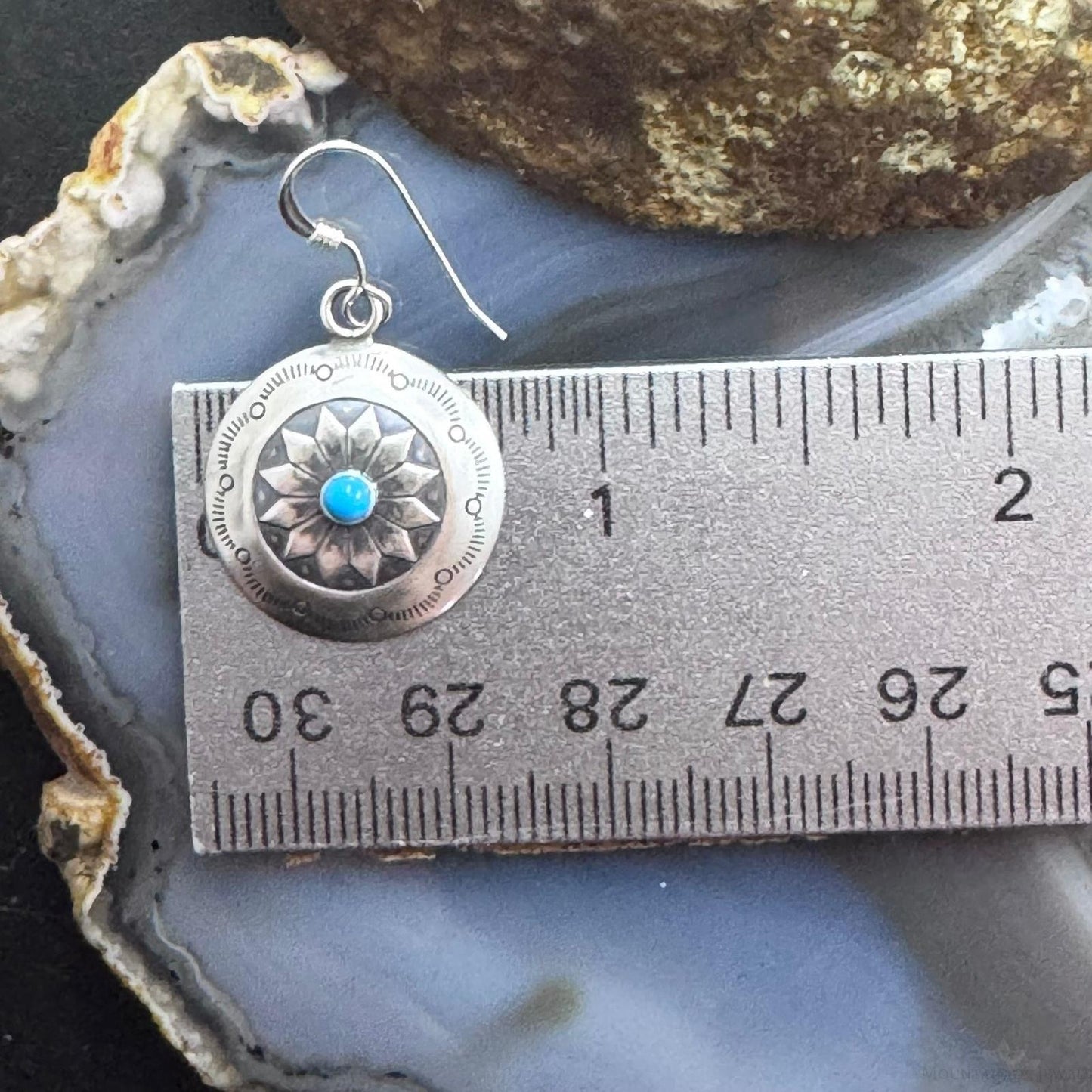 Native American Sterling Silver Turquoise Dot Stamped Concho Dangle Earrings For Women