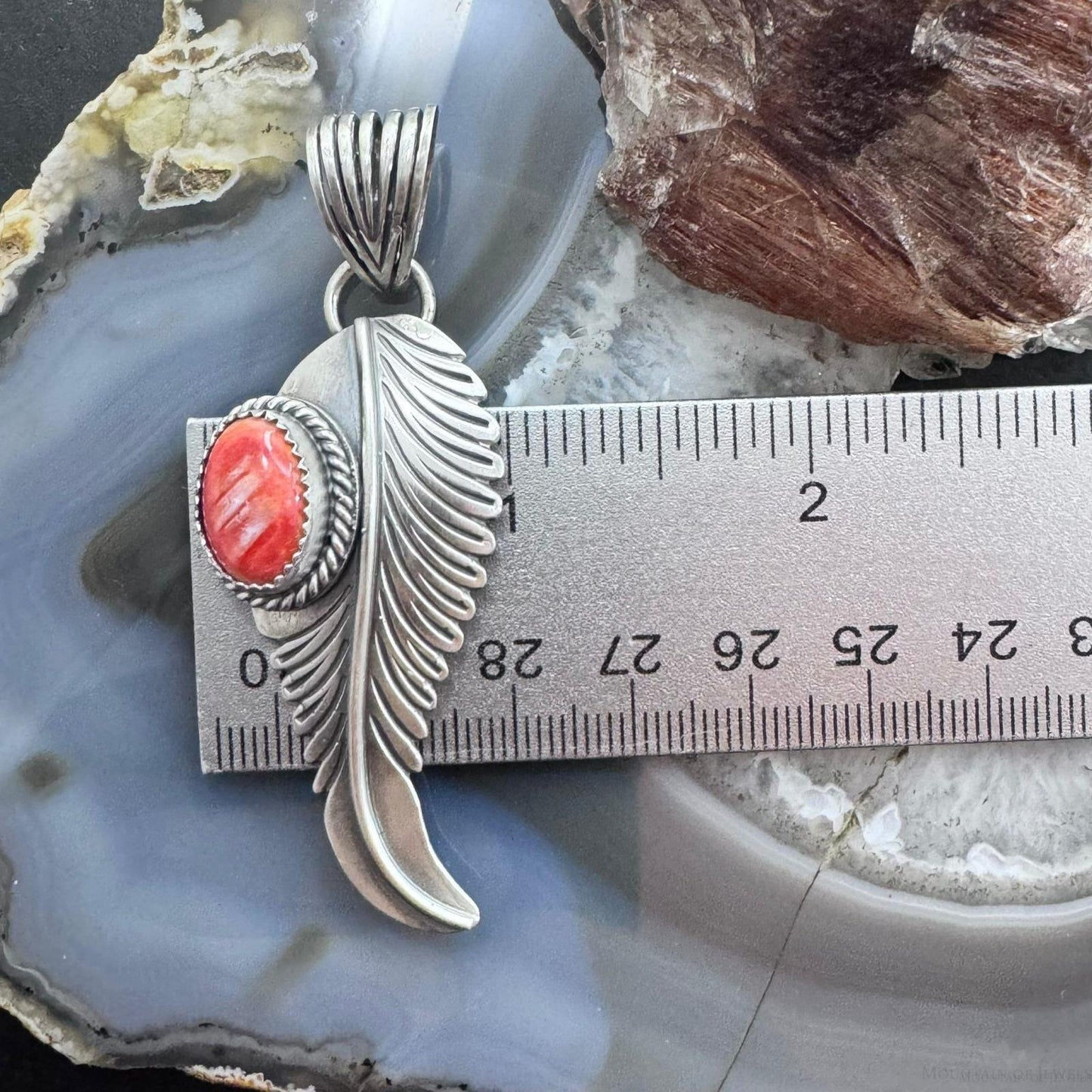 Native American Sterling Silver Orange Spiny Oyster Feather Pendant For Women