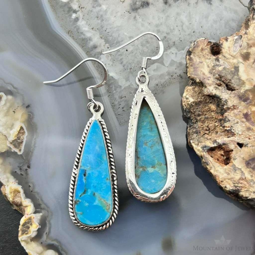 Sterling Silver Southwestern Style Teardrop Mojave Turquoise Dangle Earrings For Women