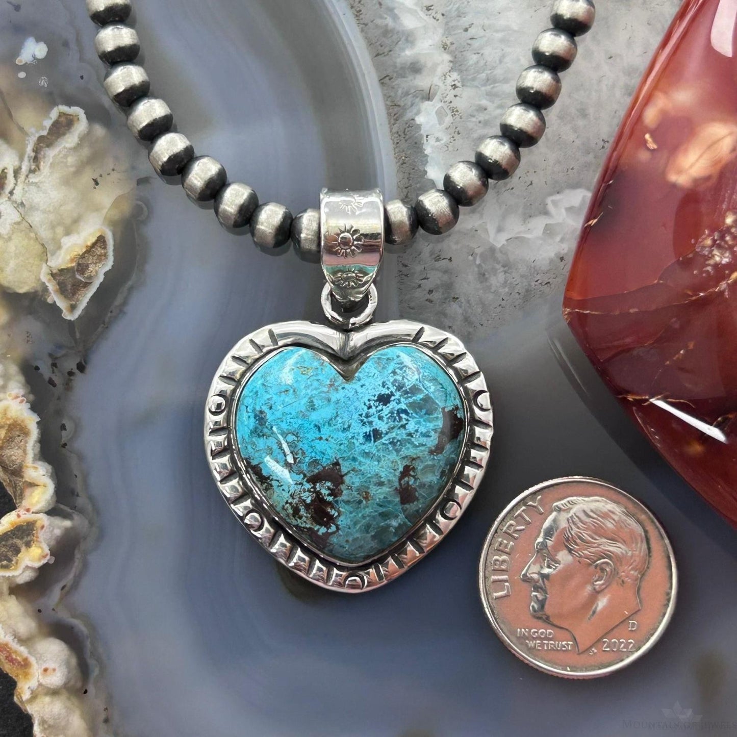 Sterling Silver Southwestern Style Chrysocolla Heart Decorated Pendant For Women