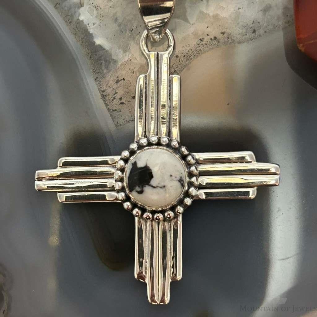 Sterling Silver Southwestern Style Round White Buffalo Unisex Zia Pendant #1