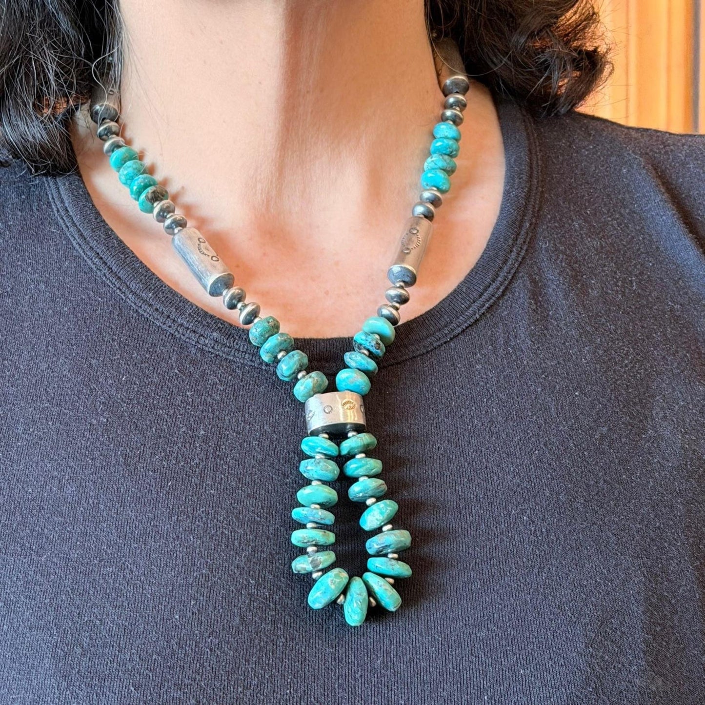 Sterling Silver Southwestern Style Turquoise Disk Beads &Starling Beads 20" Necklace For Women #1