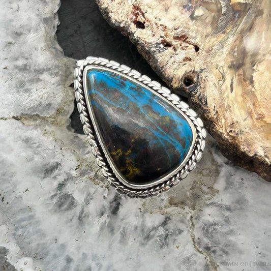 Sterling Silver Southwestern Style Teardrop Chrysocolla Decorated Ring Size 7.25 For Women