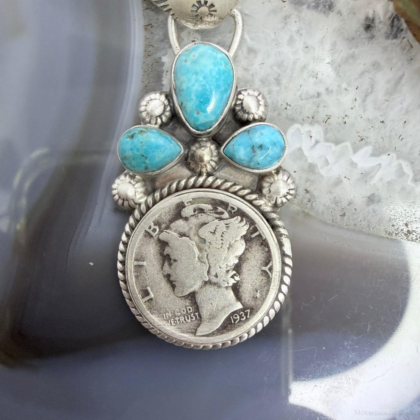 Genuine 1937 90% Silver Mercury Dime Coin Mohave Turquoise Unisex Pendant