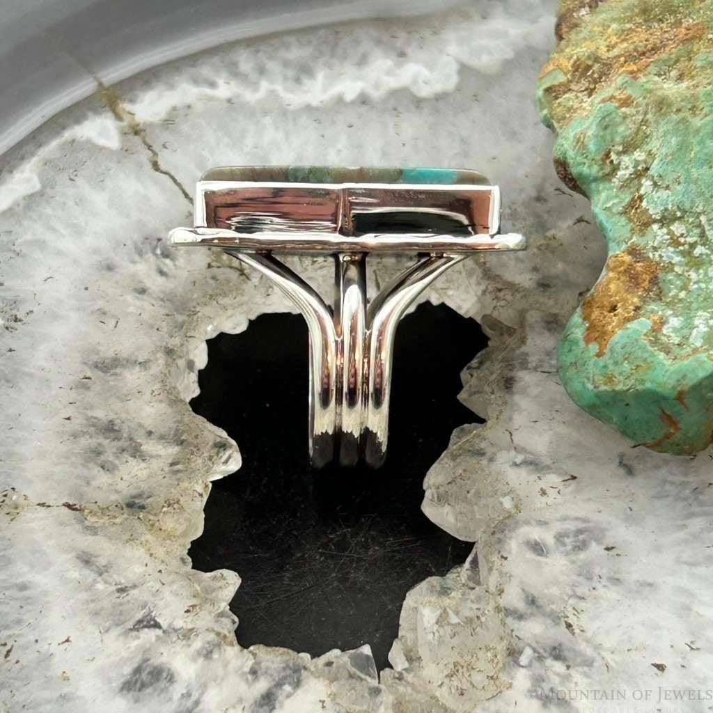 Native American Sterling Silver Rectangle Boulder Ribbon Turquoise Bar Ring Size 7.25 For Women