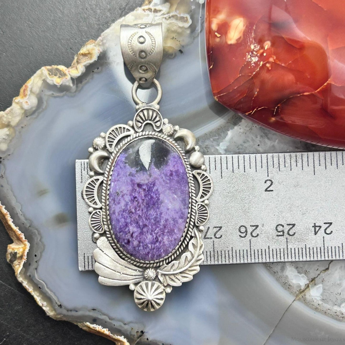 Sterling Silver Southwestern Style Oval Charoite Decorated Pendant For Women