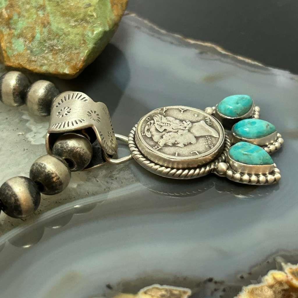 Genuine 1944 90% Silver Mercury Dime Coin Teardrop Mohave Turquoise Unisex Pendant
