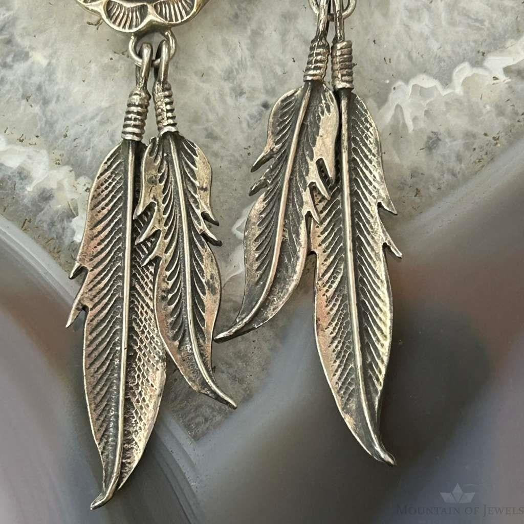 Albert Payton Native American Sterling Silver Teardrop Onyx W/Feathers Dangle Earrings For Women