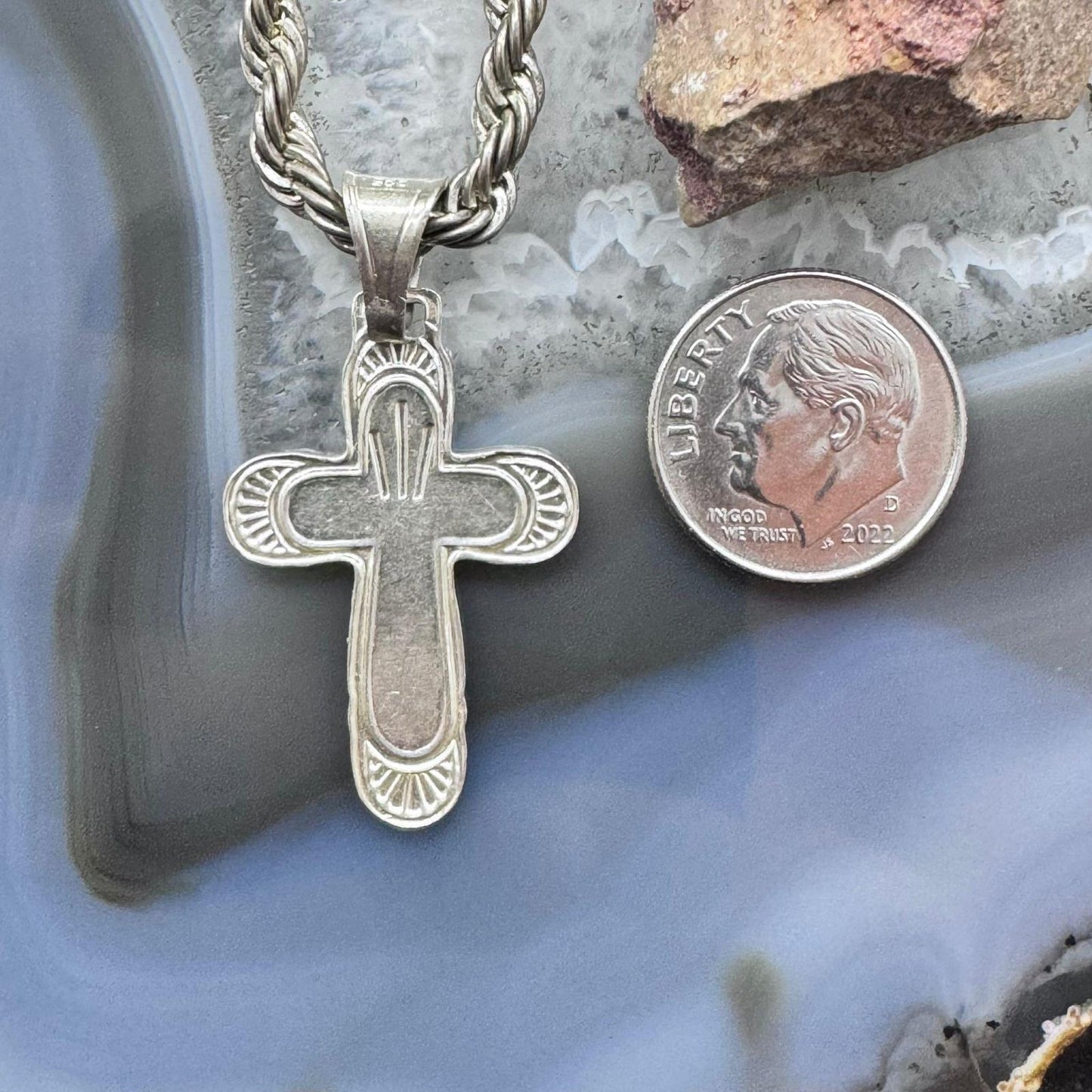 Vintage Sterling Silver Unisex Cross Pendant With 23" Rope Chain Necklace