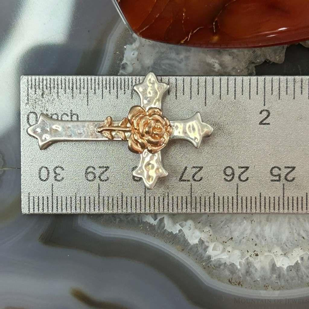 Sterling Silver Hammered Decorated Cross Pendant with Copper Rose For Women