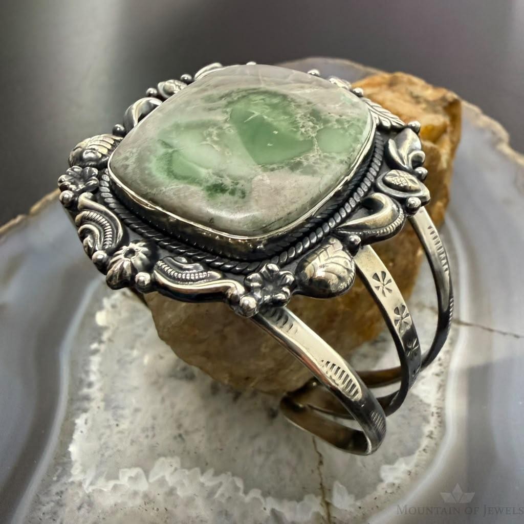 Sterling Silver Southwestern Style Square Variscite Decorated Bracelet For Women