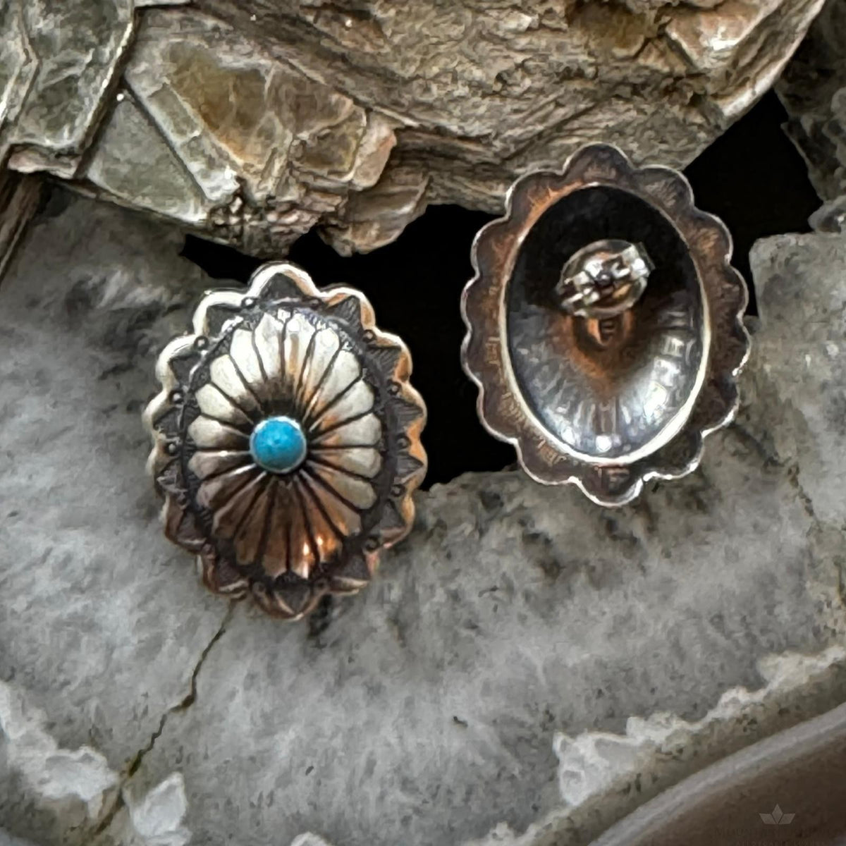 Native American Sterling Silver Turquoise Dot Oval Concho Stud Earrings For Women