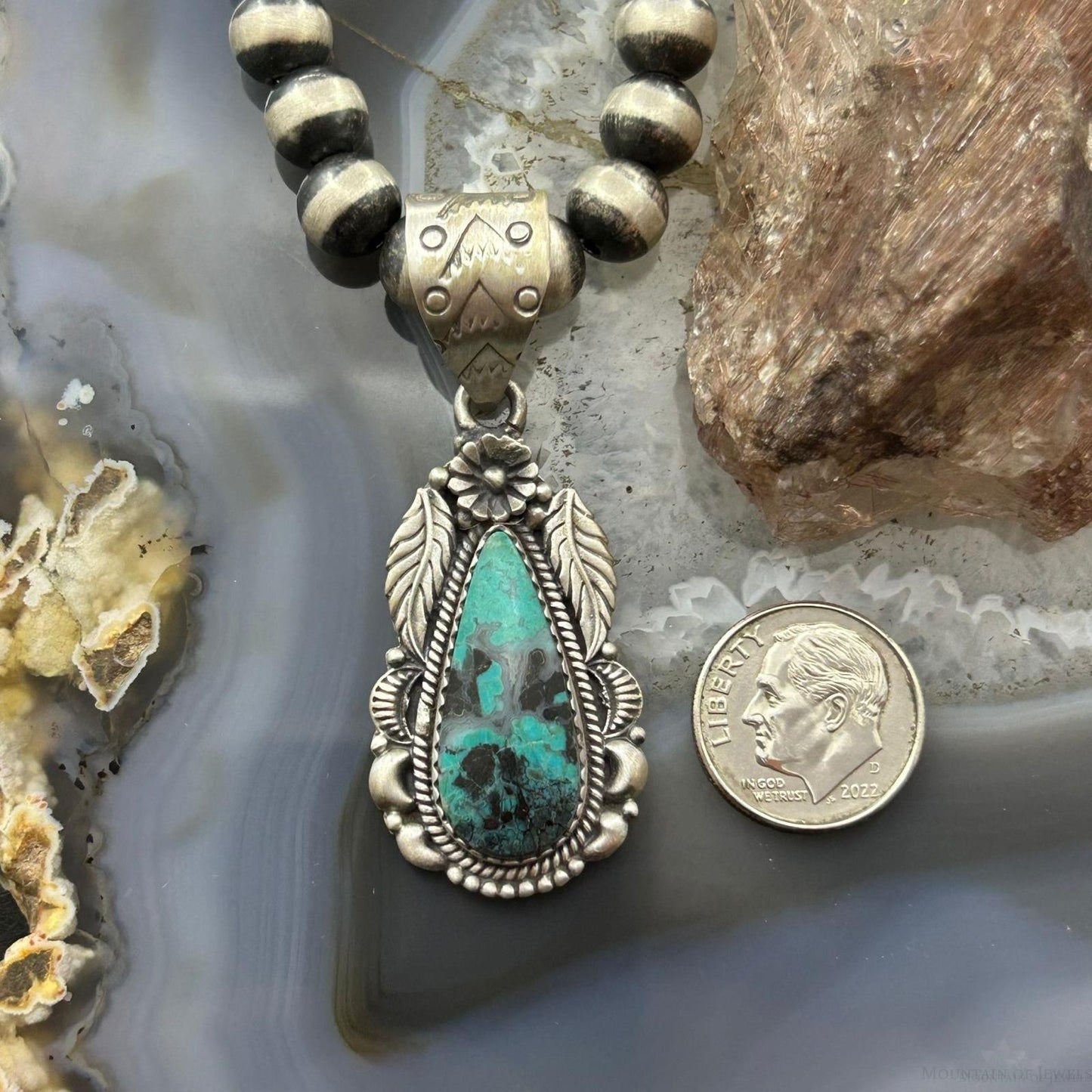 Sterling Silver Southwestern Style Teardrop Matrix Turquoise Decorated Pendant For Women