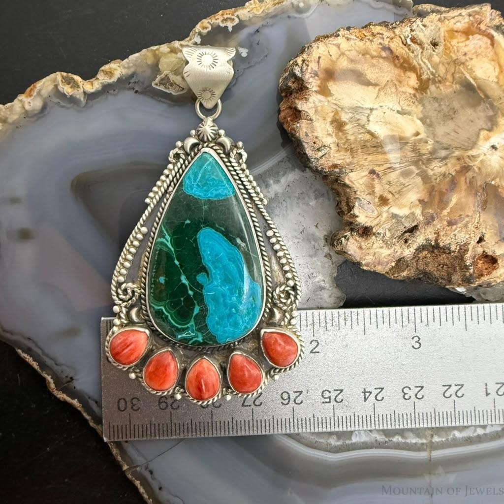 Sterling Silver Southwestern Style Teardrop Malachite Chrysocolla & Spiny Oyster Pendant For Women
