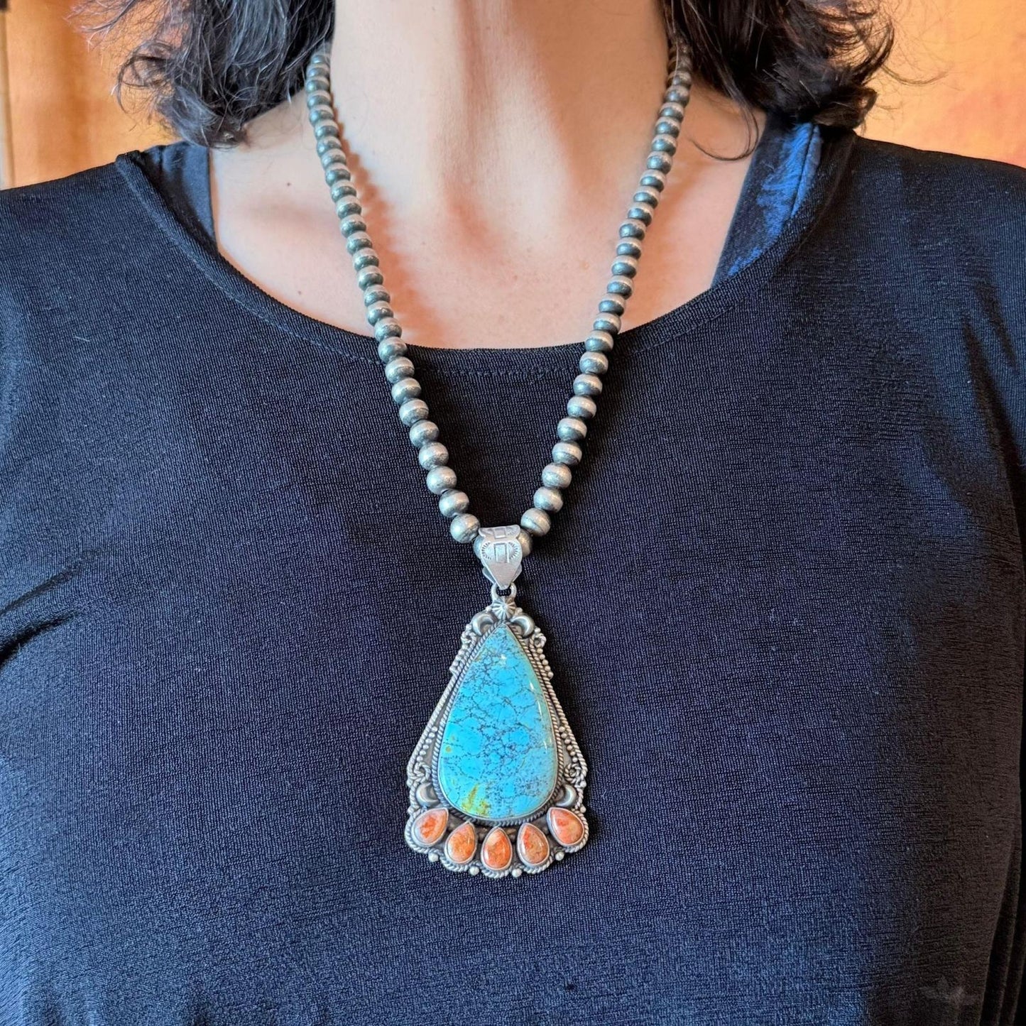 Sterling Silver Southwestern Style Teardrop Turquoise & Spiny Oyster Pendant For Women