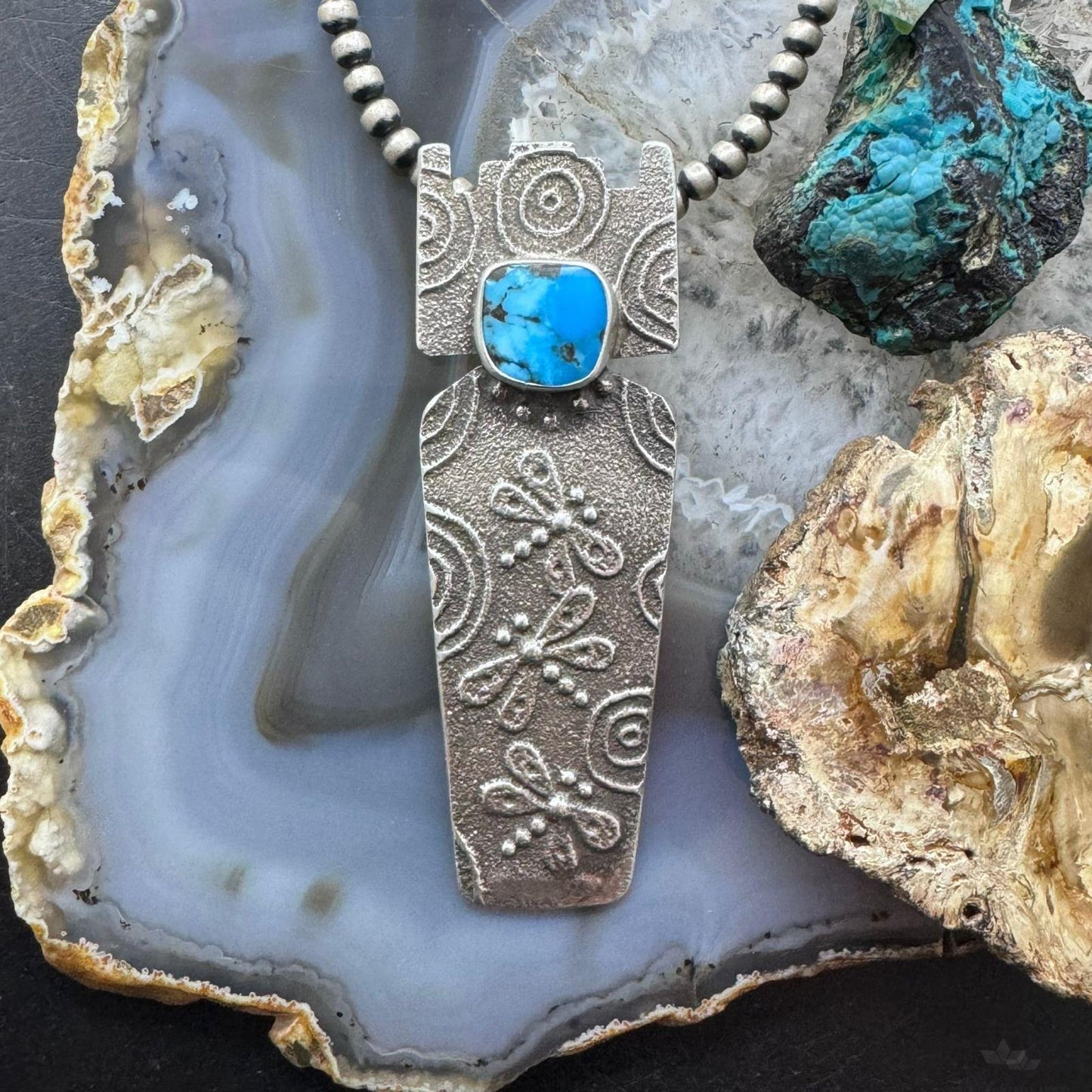 Joel Pajarito Sterling Silver Blue Ridge Turquoise Tufa Cast Decorated Unisex Pendant