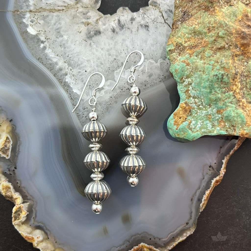 Native American Sterling Silver Grooved Saucer Pearl Beads Dangle Earrings For Earrings