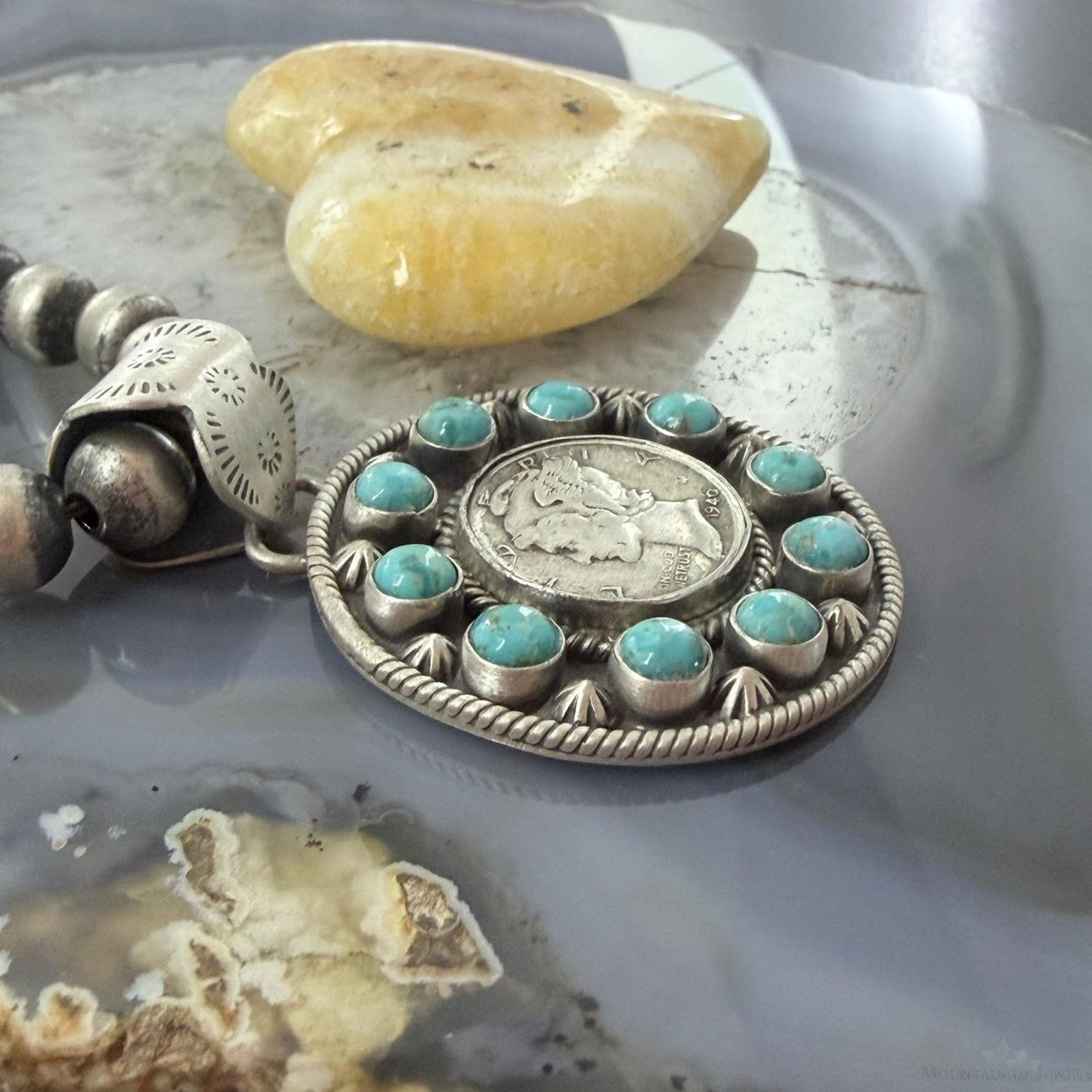 Genuine 1940 90% Silver Mercury Dime Coin w/Mohave Turquoise Unisex Pendant